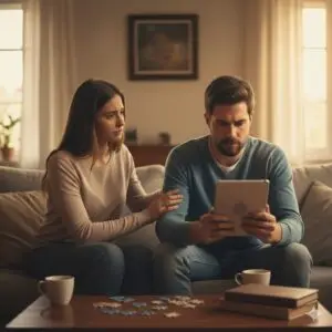 Hombre distraído con tablet y nube mental, acompañado de su pareja preocupada, simbolizando el impacto del TDAH en las relaciones.