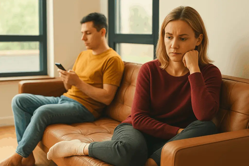 Pareja sentada en un sofá mostrando falta de conexión emocional; la mujer pensativa y el hombre centrado en su teléfono simbolizan la inaccesibilidad emocional.