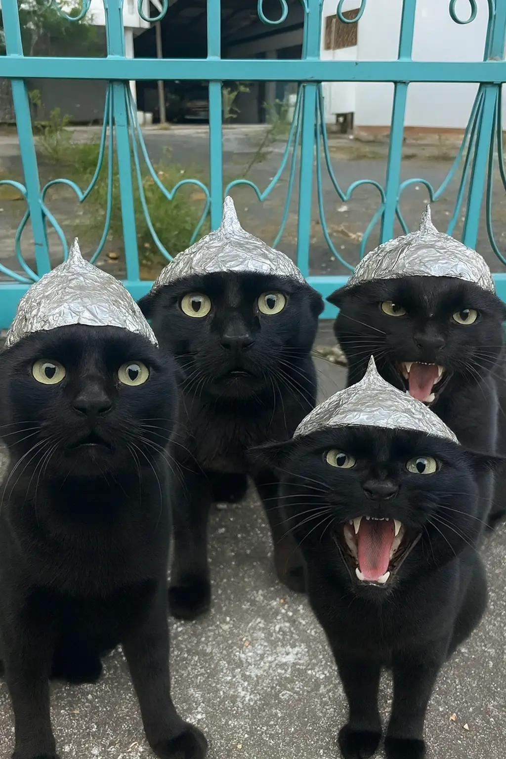 Cuatro gatos negros con sombreros de papel aluminio frente a una reja turquesa; dos maúllan mostrando los colmillos.