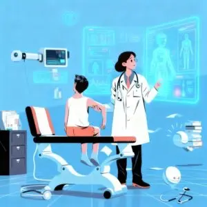 Médico con paciente pediátrico en consulta asistida por inteligencia artificial y pantallas digitales.