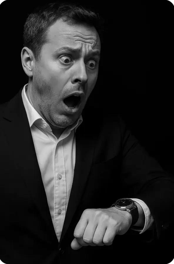 Hombre ansioso mirando su reloj, representación de la dificultad en la gestión del tiempo en adultos con TDAH.
