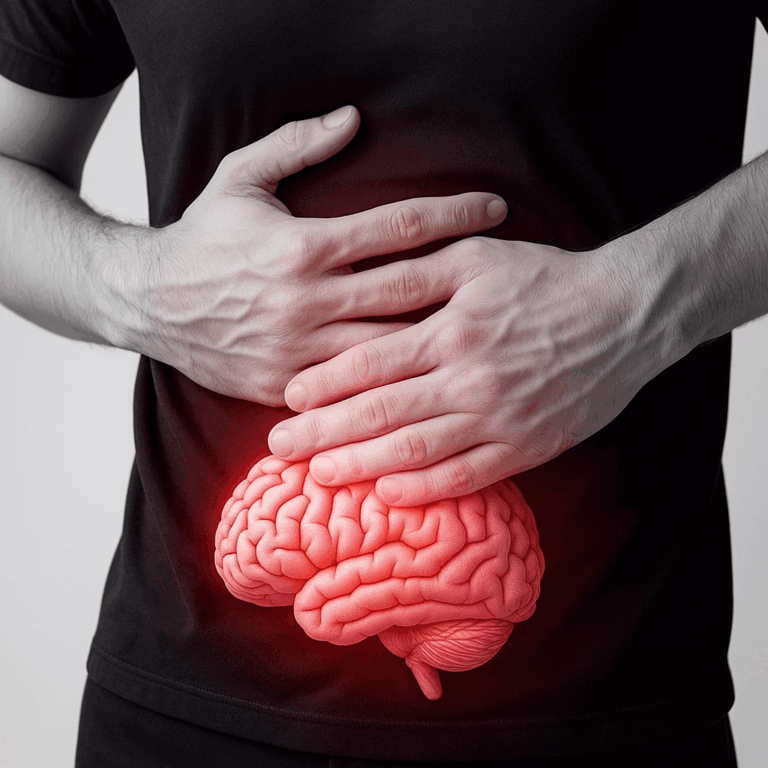 Persona sosteniendo su abdomen con un cerebro brillante visible bajo las manos, representando la conexión entre la depresión y la microbiota intestinal.