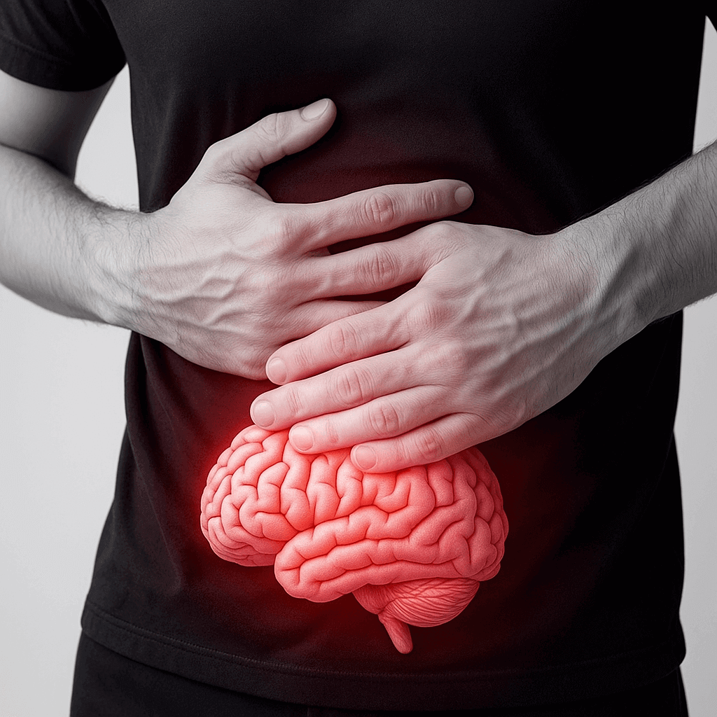 Persona sosteniendo su abdomen con un cerebro brillante visible bajo las manos, representando la conexión entre la depresión y la microbiota intestinal.