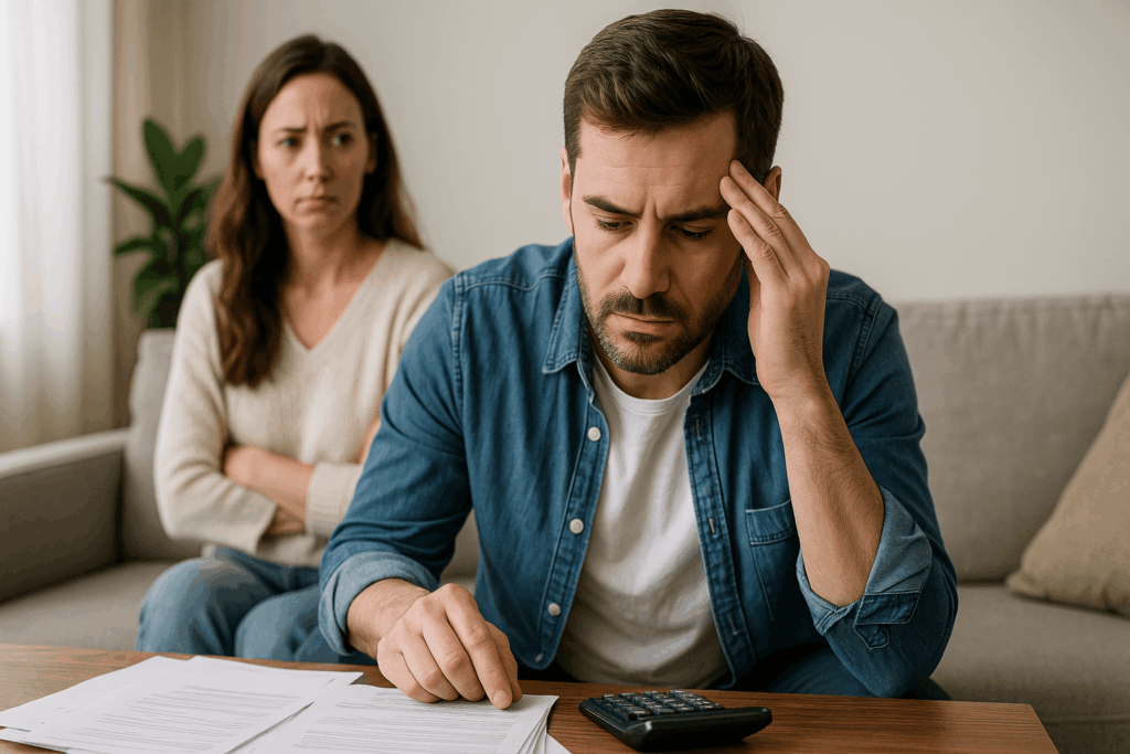 Dos personas sentadas, en pose reflexiva, con elementos sutiles que aluden a finanzas y bienestar mental