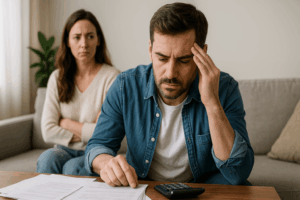 Dos personas sentadas, en pose reflexiva, con elementos sutiles que aluden a finanzas y bienestar mental