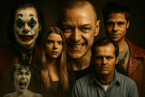 Composición que reúne a personajes emblemáticos del cine que representan de forma exagerada o distorsionada la enfermedad mental. La imagen ilustra cómo Hollywood ha mezclado la locura con la violencia, el misterio o la rebeldía, generando estereotipos sobre salud mental.