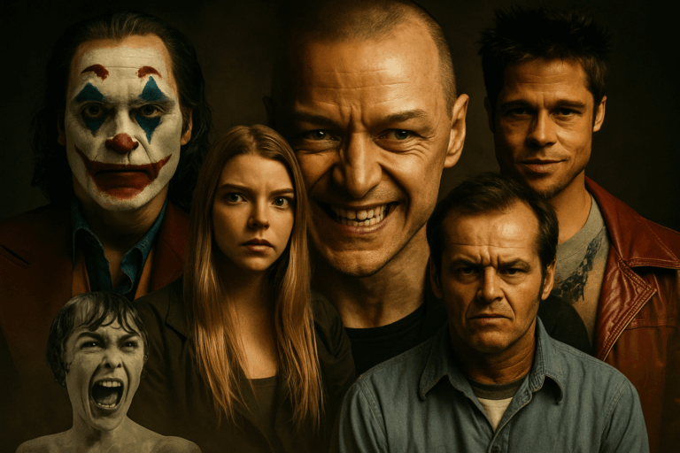 Composición que reúne a personajes emblemáticos del cine que representan de forma exagerada o distorsionada la enfermedad mental. La imagen ilustra cómo Hollywood ha mezclado la locura con la violencia, el misterio o la rebeldía, generando estereotipos sobre salud mental.