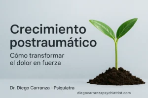 Brote verde creciendo desde la tierra, símbolo del crecimiento postraumático y la superación tras la adversidad.