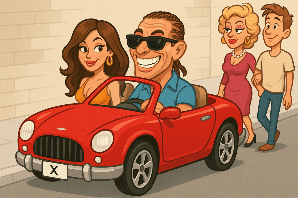 Caricatura: hombre de unos 50 conduciendo descapotable rojo con gafas de sol y trenzas; joven en el asiento del acompañante; en la acera, mujer elegante de su edad del brazo de un chico joven.