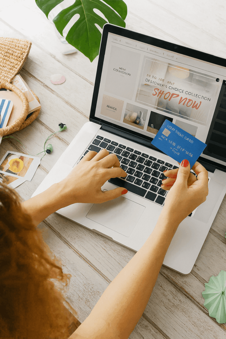Mujer comprando online con portátil, sosteniendo tarjeta de crédito frente a una página de “Shop Now”, mesa con accesorios veraniegos.