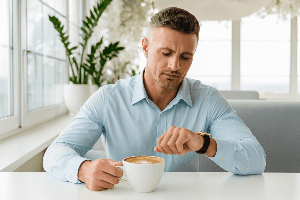 Hombre de mediana edad sentado en una cafetería mirando su reloj mientras sostiene una taza de café, con luz natural y plantas al fondo.