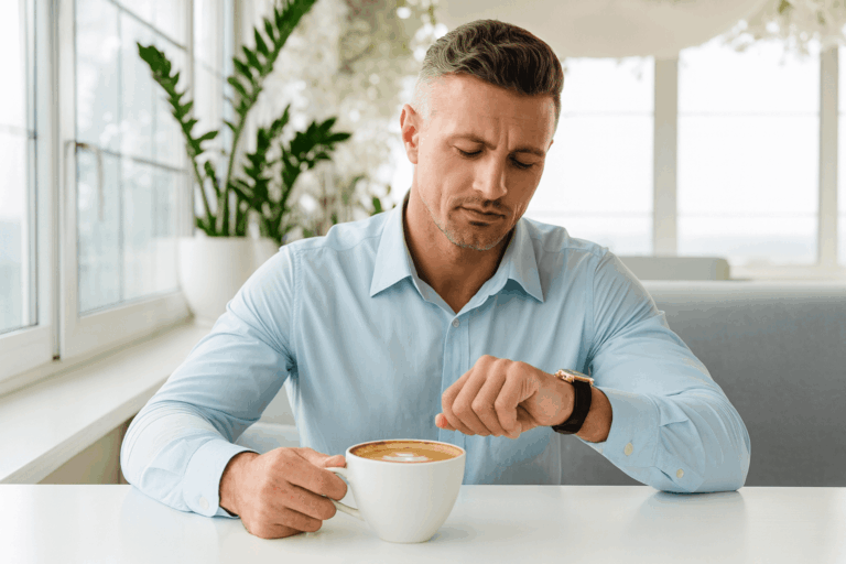 Hombre de mediana edad sentado en una cafetería mirando su reloj mientras sostiene una taza de café, con luz natural y plantas al fondo.