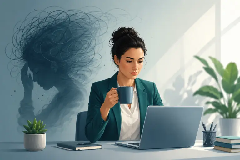 Mujer trabajando con un portátil mientras una sombra de pensamientos enredados representa ansiedad de alto funcionamiento.