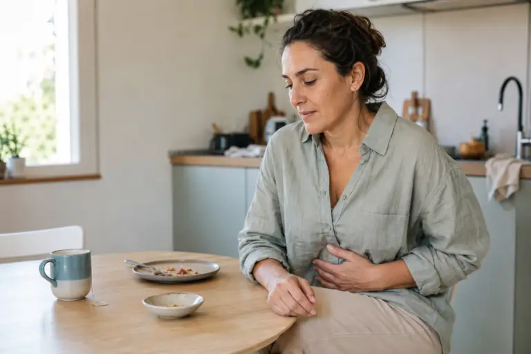 Mujer sentada en la cocina con una mano sobre el abdomen debido a molestias digestivas.